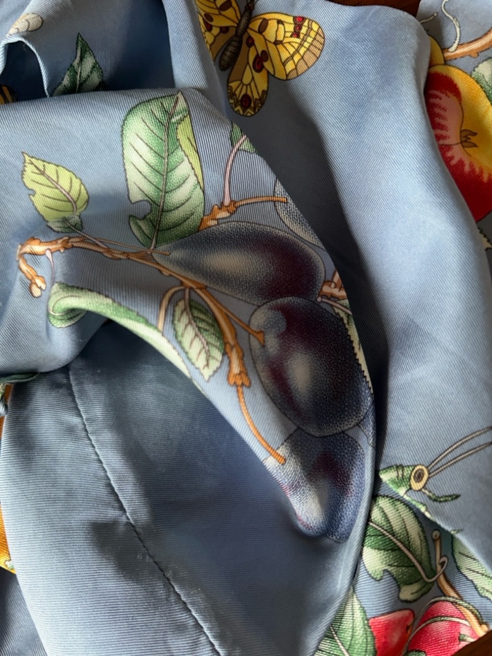 Blue Fruit & Butterfly Silk Scarf 5” x 60” by J McLaughlin - Picture 7 of 9